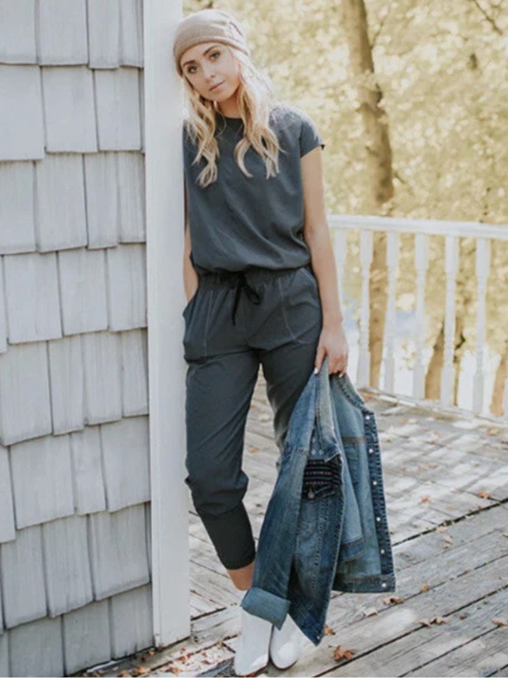 Albion Fit Short Sleeve Jumpsuit Medium Tall Granite Gray Athleisure Pockets